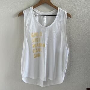 Fabletics Janis Muscle Tank White Girls Just Wanna Have Fun Graphic Active Yoga